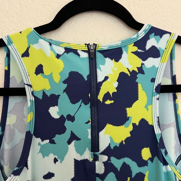 Title Nine Floral Athletic Dress Blue Green Yellow Sleeveless Zip Back Pockets - Picture 9 of 12